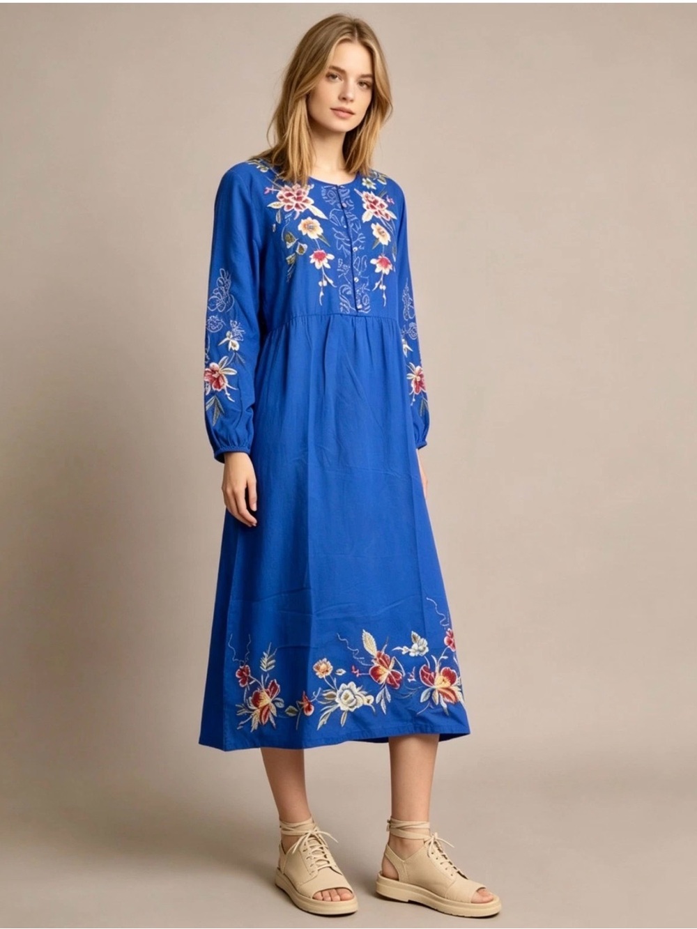 JOHNNY WAS Workshop Embroidered  Floral Blue Cotton Long Sleeves Dress Size S